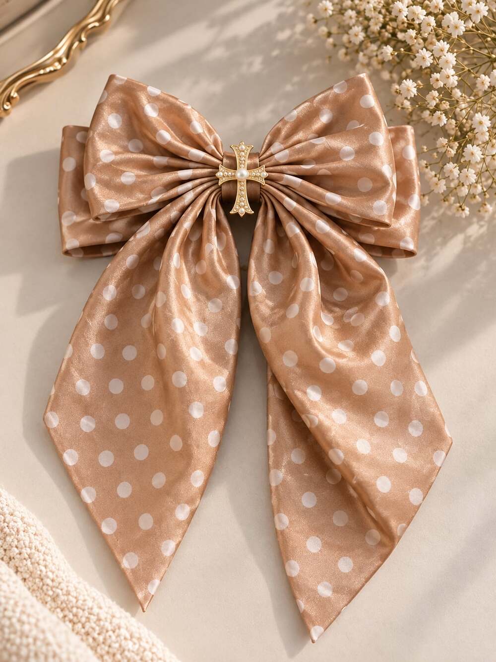 Coquette Polka Dot Statement Hair Bow Gold Cross Christian Hair Accessory